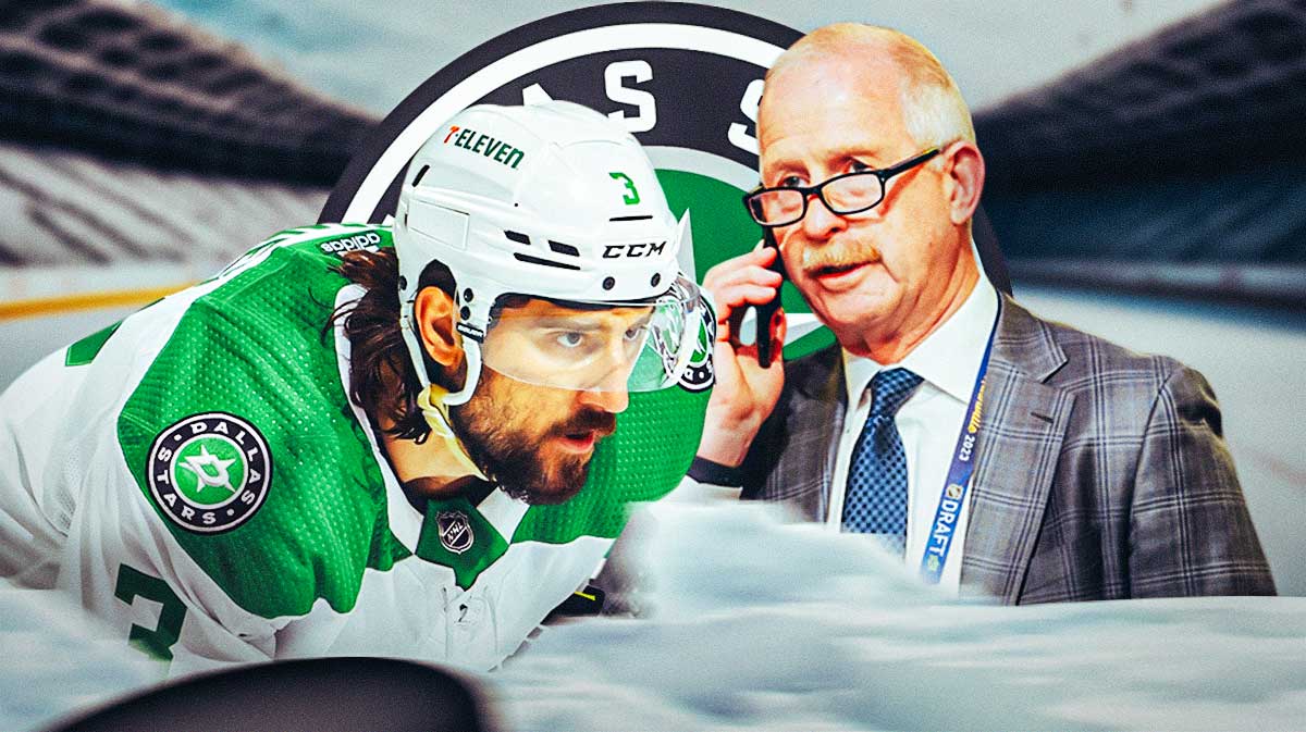 Jim Nill and Chris Tanev both in image looking stern, Dallas Stars logo, hockey rink in background