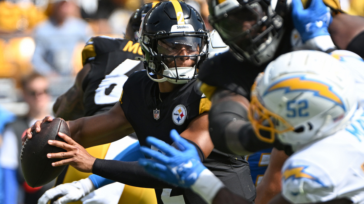 Pittsburgh Steelers quarterback Justin Fields (2) throws a pass against the Los Angeles Chargers during the second quarter at Acrisure Stadium.