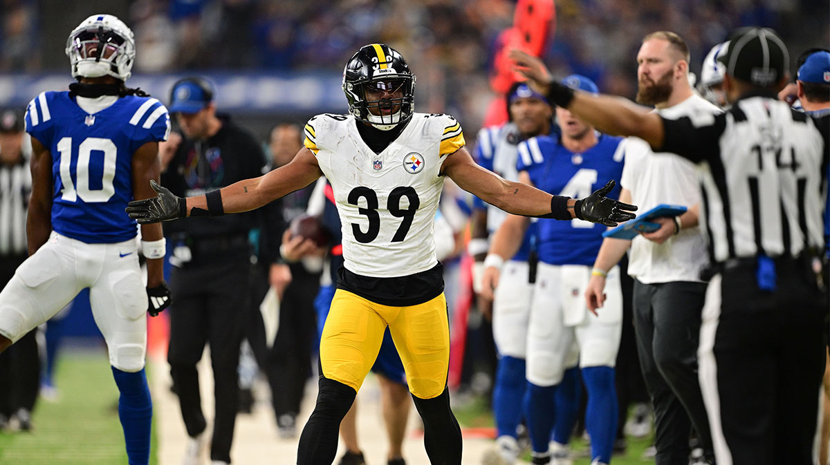 Pittsburgh Steelers safety Minkah Fitzpatrick (39) reacts to a personal foul call during the second half against the Indianapolis Colts at Lucas Oil Stadium.