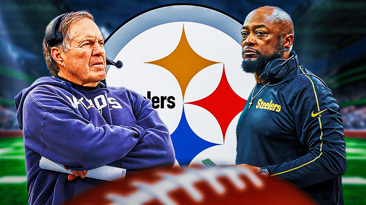 Bill Belichick smiling next to Steelers head coach Mike Tomlin & the Steelers logo