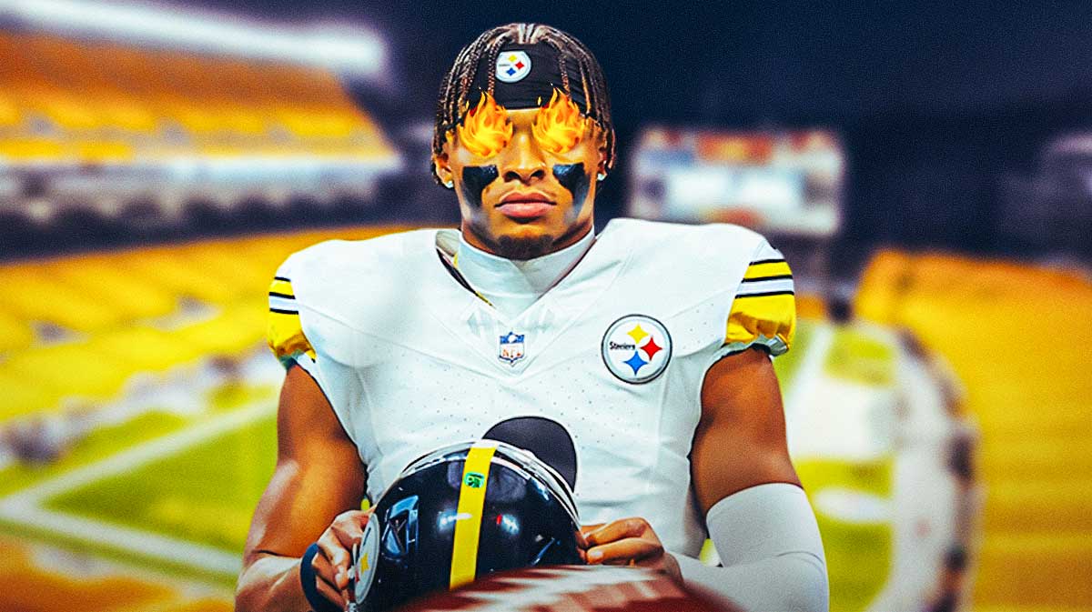 Justin Fields with fire in his eyes, featuring a Steelers-themed BG.