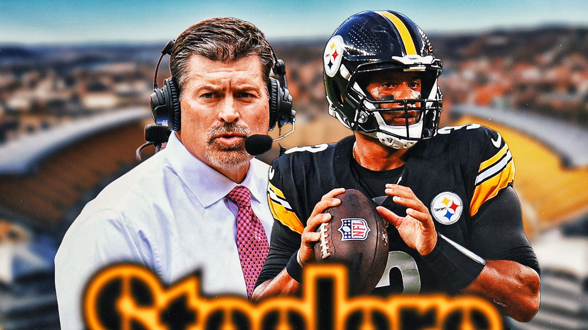 Mark Schlereth and Russell Wilson in front of Acrisure Stadium