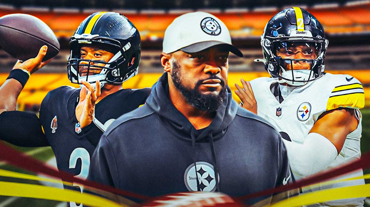 Steelers Mike Tomlin next to Russell Wilson and Justin Fields