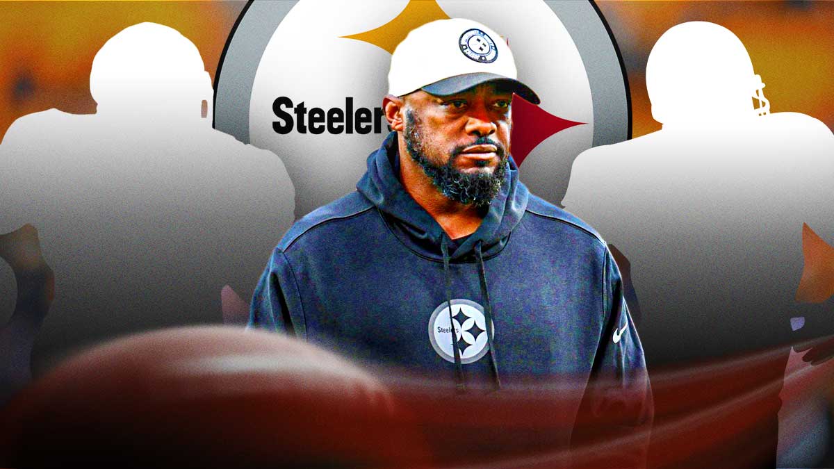 Pittsburgh Steelers head coach Mike Tomlin with two silhouettes of American football players with big question mark emojis inside. There is also a logo for the Pittsburgh Steelers.