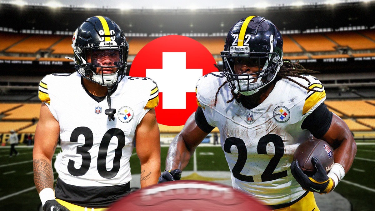 Najee Harris and Jaylen Warren in Steelers gear with medical Red Cross symbol between them