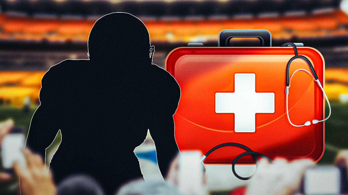 A silhouette NFL player with a first aid kit next to it with a Steelers background.