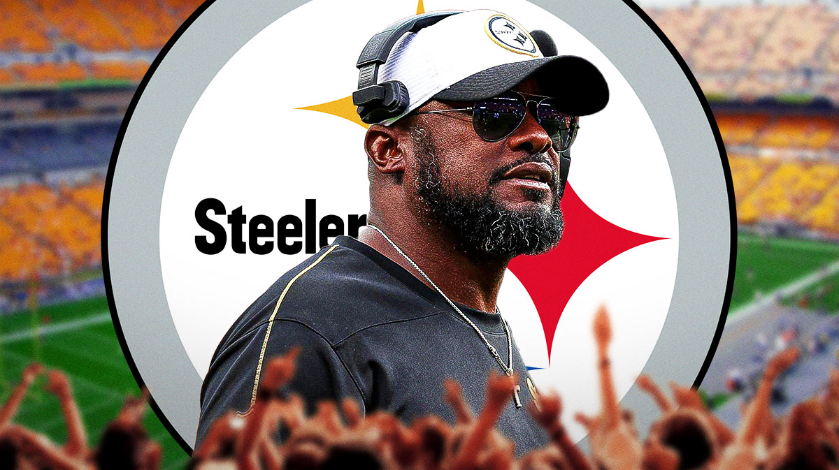 Steelers Mike Tomlin in front of a Steelers logo at Acrisure Stadium