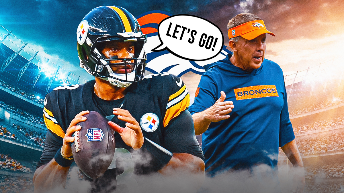 Russell Wilson with speech bubble saying "Let's Go!" beside Sean Payton and Denver Broncos logo