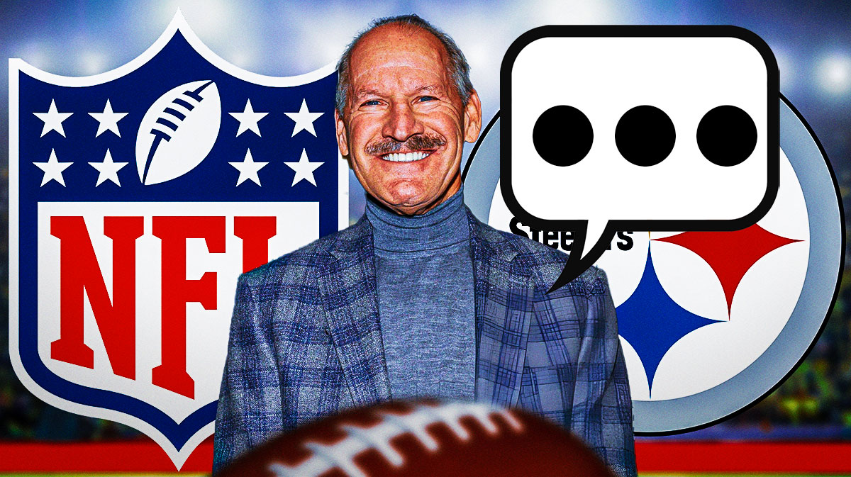Former Pittsburgh Steelers coach Bill Cowher with a speech bubble that has the three dots emoji inside. Cowher is in the middle of the image. On his left is a logo for the NFL. On his right is a logo for the Pittsburgh Steelers.