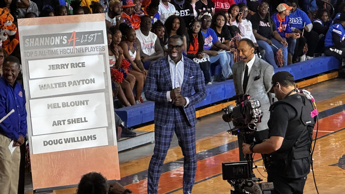 Shannon Sharpe, left, and Stephen A. Smith during the broadcast of \"First Take\" at Savannah State Monday.