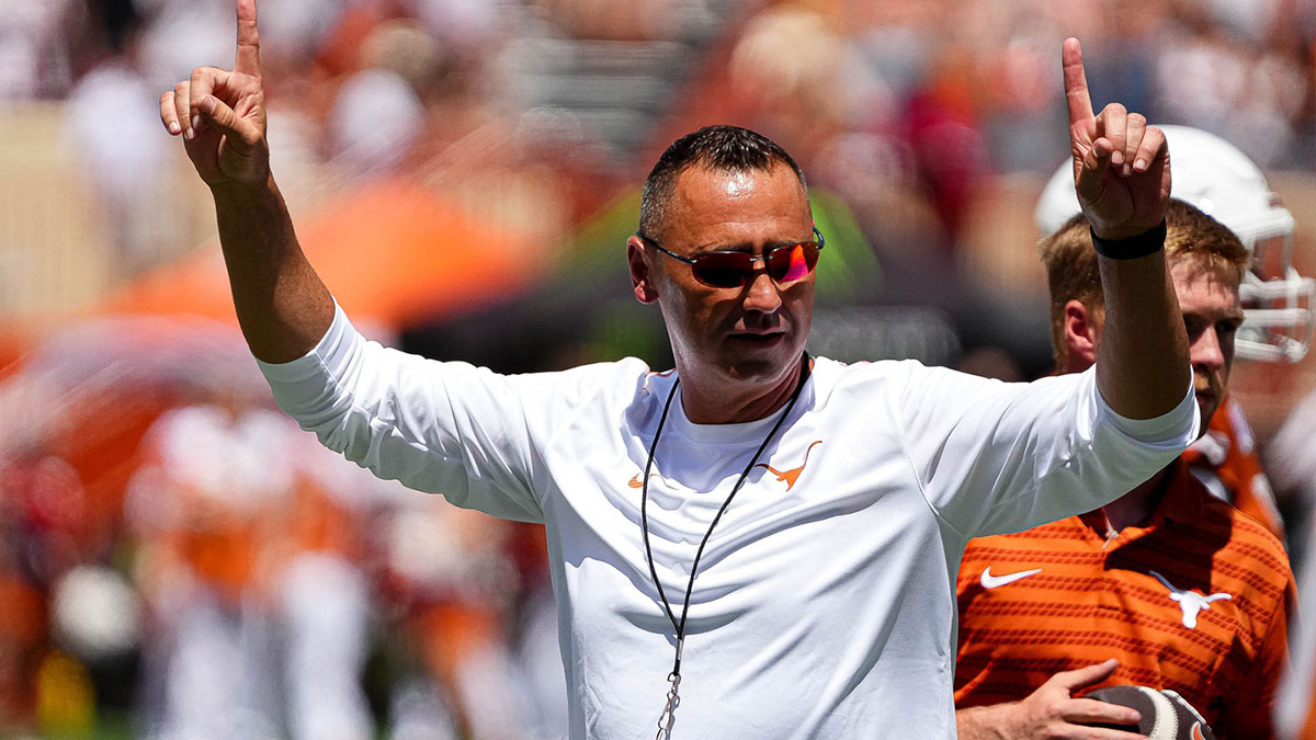 Texas Longhorns head coach Steve Sarkisian runs warm-ups ahead of the game against Colorado State at Darrell K Royal-Texas Memorial Stadium in Austin Saturday, Aug. 31, 2024.