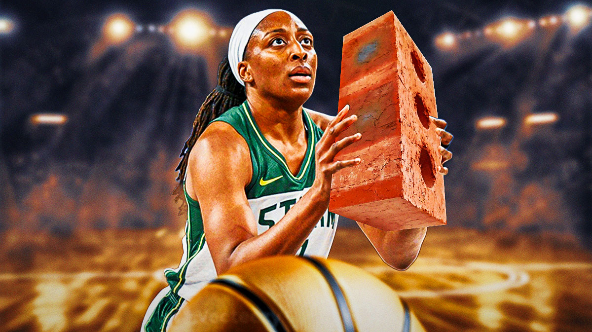 Nneka Ogwumike (Storm) shooting but replace the ball with a brick