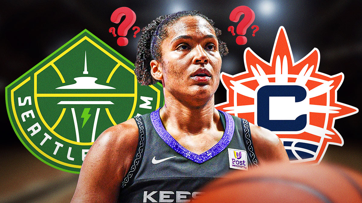 WNBA Connecticut Sun player Alyssa Thomas, with a question mark, and the Connecticut Sun logo and Seattle Storm logo behind her