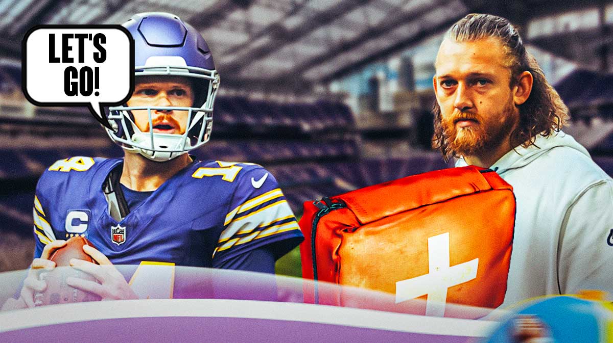 T.J. Hockenson on one side with an injury kit in front of him, Sam Darnold on the other side with a speech bubble that says "Let's go!"