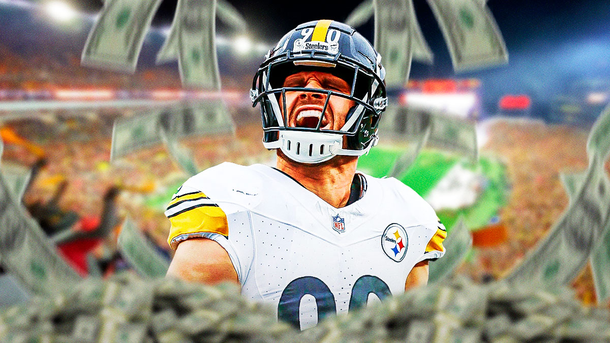 tj watt in a pittsburgh steelers jersey with money raining down around him to symbolize net worth.
