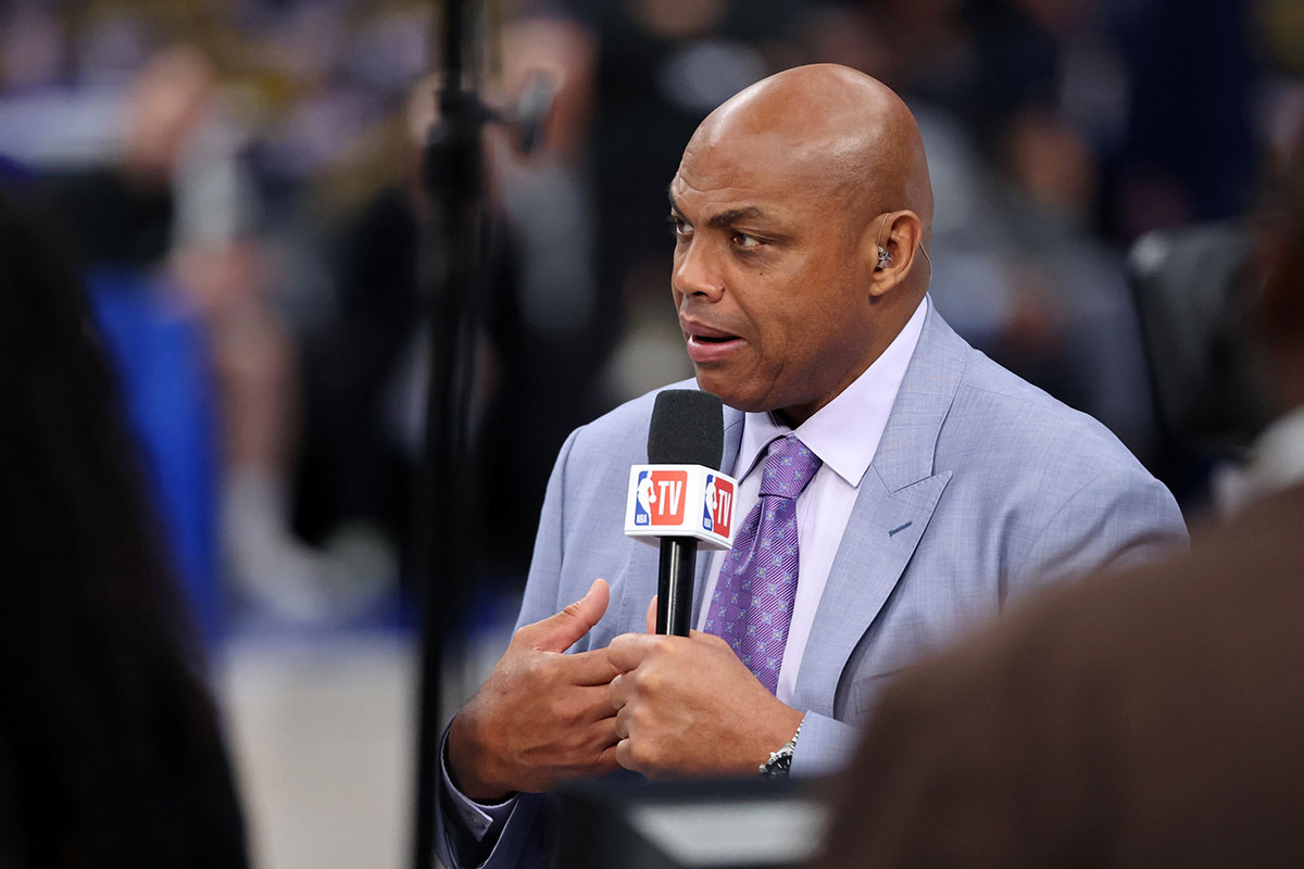 TV analyst Charles Barkley talks on set before game three of the 2024 NBA Finals between the Boston Celtics and the Dallas Mavericks at American Airlines Center.
