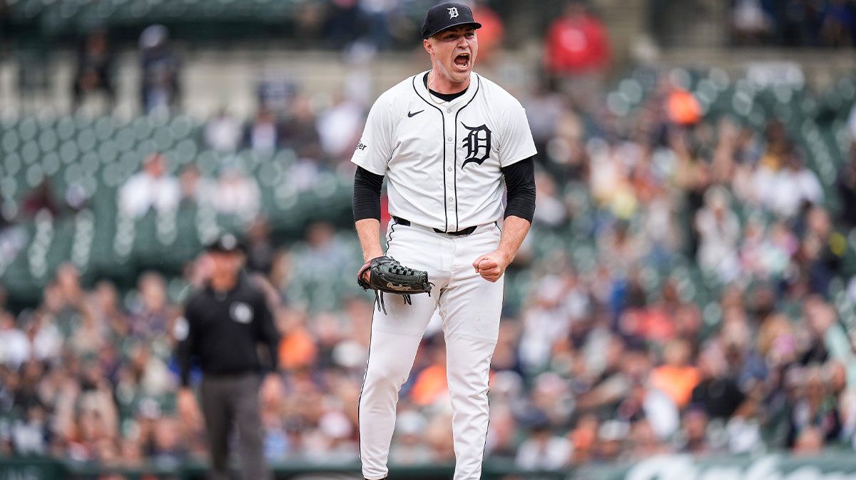 Detroit Tigers pitcher Tarik Skubal (29) celebrates after striking out Tampa Bay Rays left fielder Christopher Morel (24) during the seventh inning at Comerica Park in Detroit on Tuesday, Sept. 24, 2024.