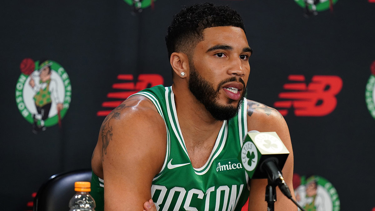 Boston Celtics forward Jayson Tatum (0) talks to reporters during media day at Auerbach Center