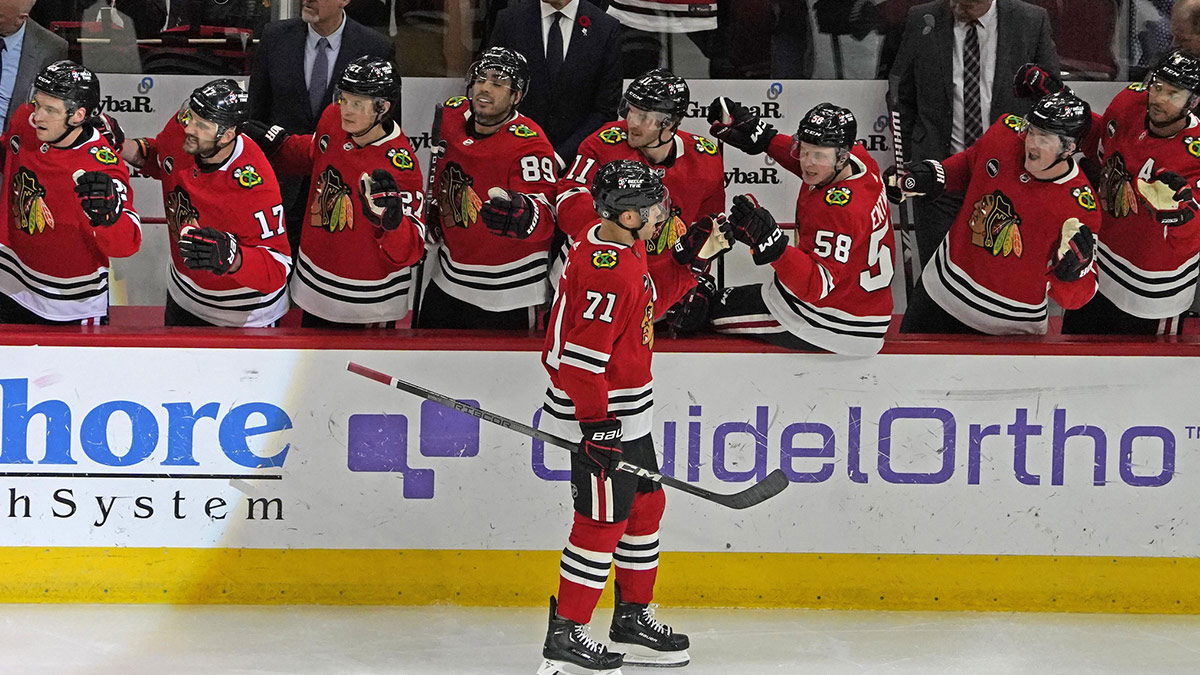 Chicago Blackhawks left wing Taylor Hall (71) celebrates his goal against the New Jersey Devils during the first period at United Center.
