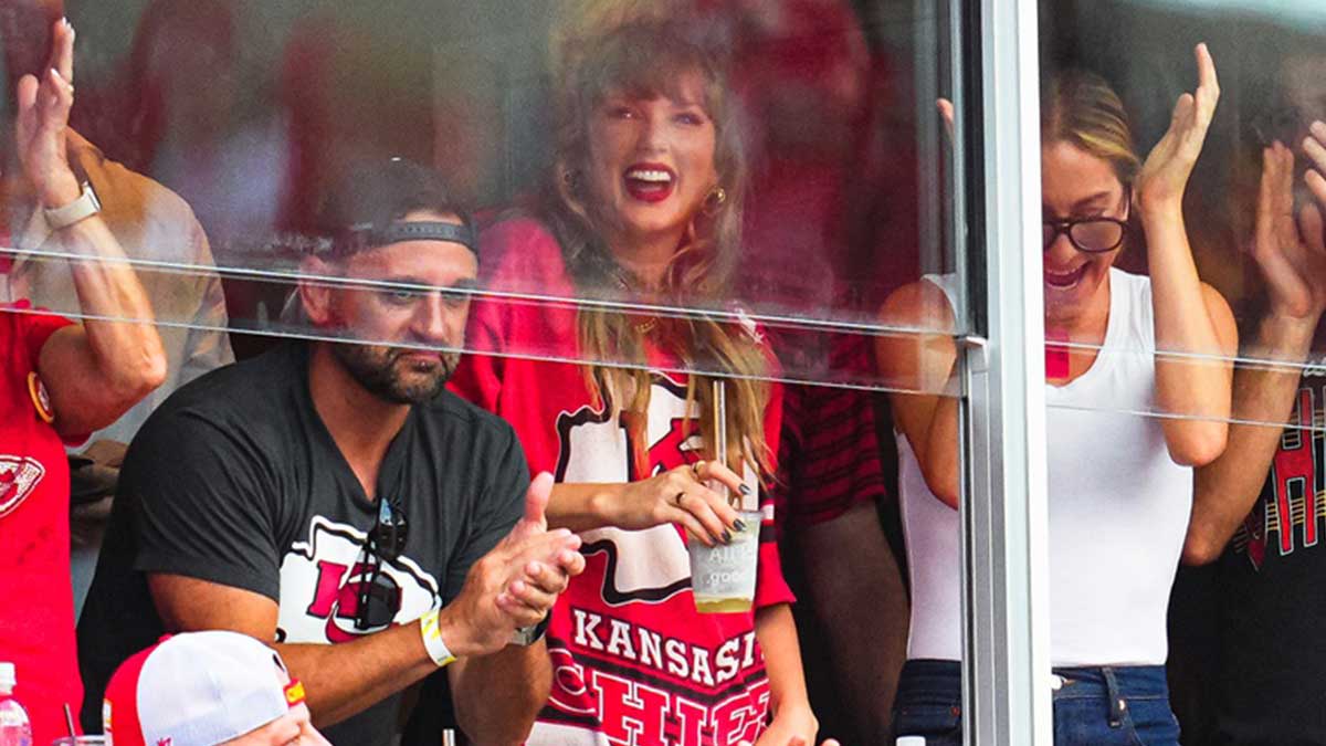 Sep 15, 2024; Kansas City, Missouri, USA; Recording artist Taylor Swift celebrates after a Kansas City Chiefs touchdown during the second half against the Cincinnati Bengals at GEHA Field at Arrowhead Stadium. Mandatory Credit: Jay Biggerstaff-Imagn Images