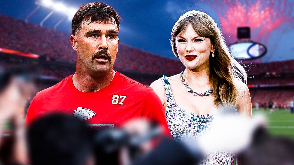 Kansas City Chiefs tight end Travis Kelce and Taylor Swift with GEHA Field at Arrowhead Stadium background.