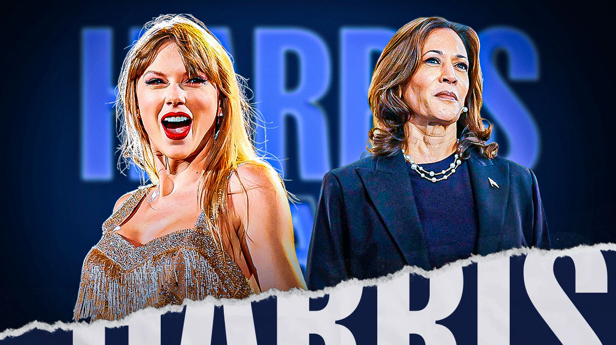 Taylor Swift next to Kamila Harris with the Harris Walz logo as the background.