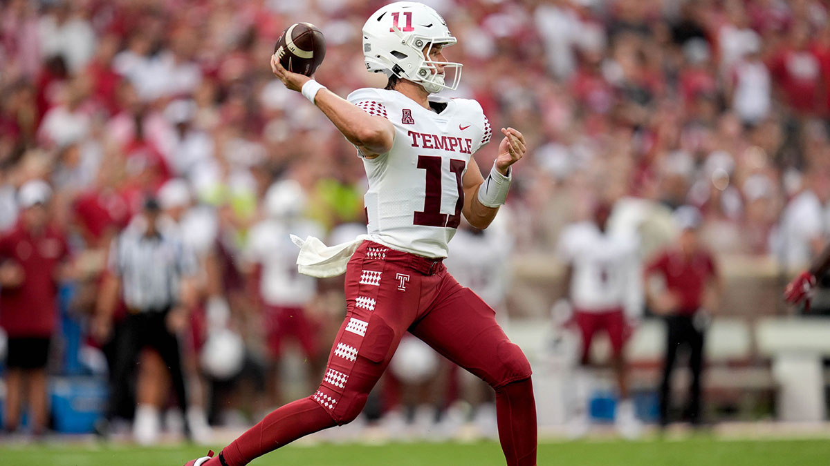 Temple quarterback Forrest Brock (11) passes the ball in the first half of an NCAA football game between Oklahoma (OU) and Temple at the Gaylord Family Oklahoma Memorial Stadium in Norman, Okla., on Friday, Aug. 30, 2024.