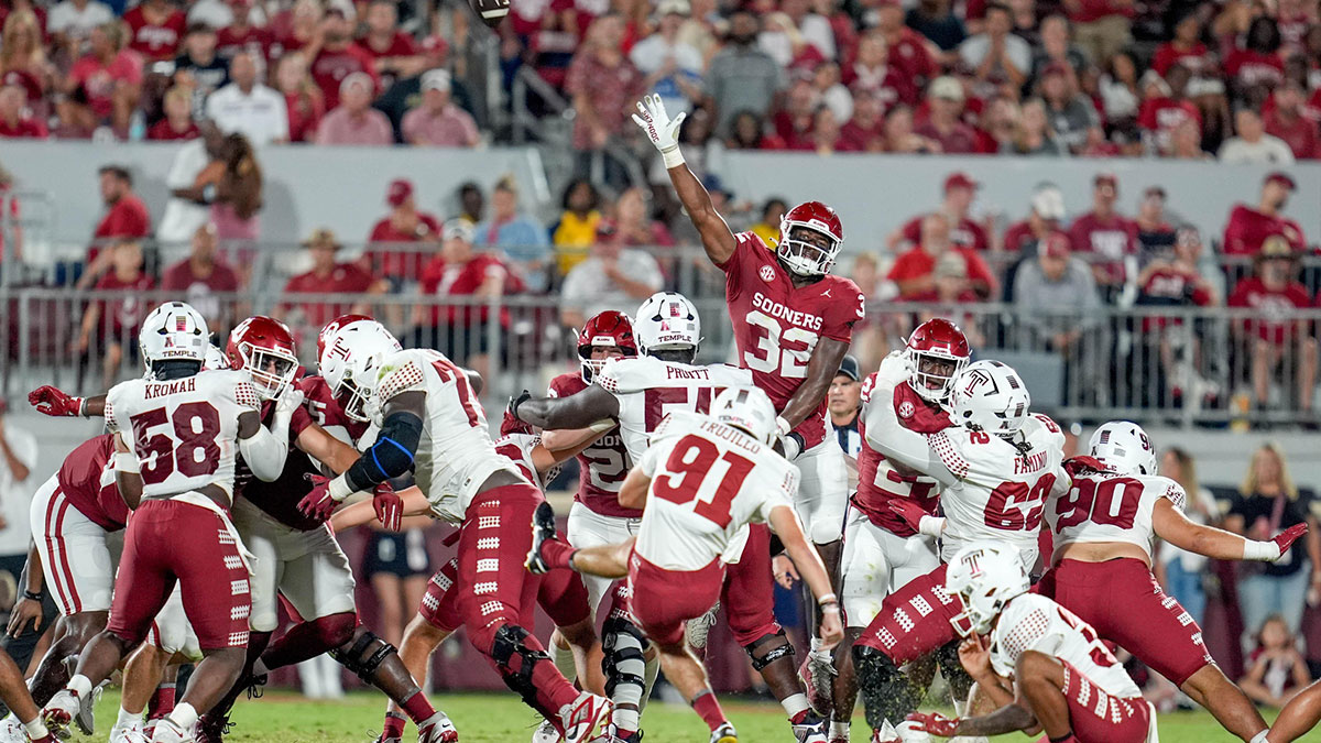 Temple place kicker Maddux Trujillo (91) kicks a field goal in the second half of an NCAA football game between Oklahoma (OU) and Temple at the Gaylord Family Oklahoma Memorial Stadium in Norman, Okla., on Friday, Aug. 30, 2024.