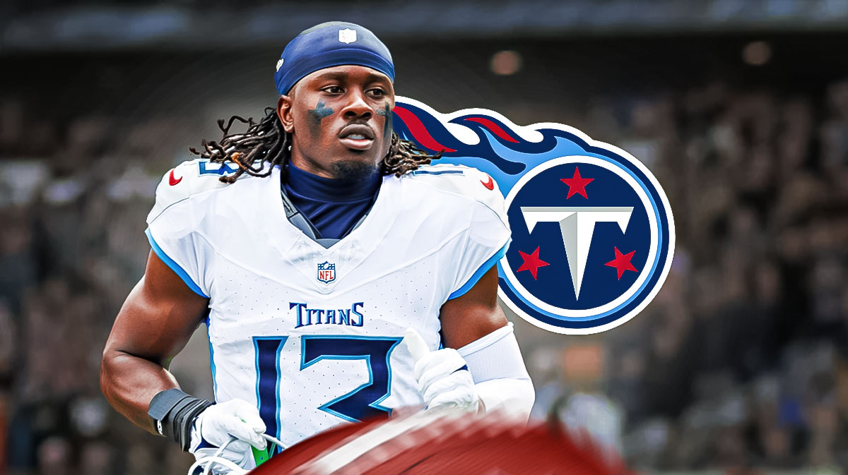 A silhouette of Titans cornerback Chidobe Awuzie in a titans jersey next to the titans logo
