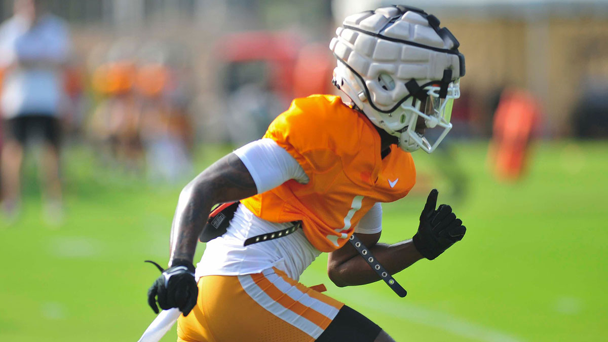 Tennessee's Rickey Gibson (1) runs during Tennessee football's fall practice, in Knoxville, Tenn., Saturday, August 3, 2024.