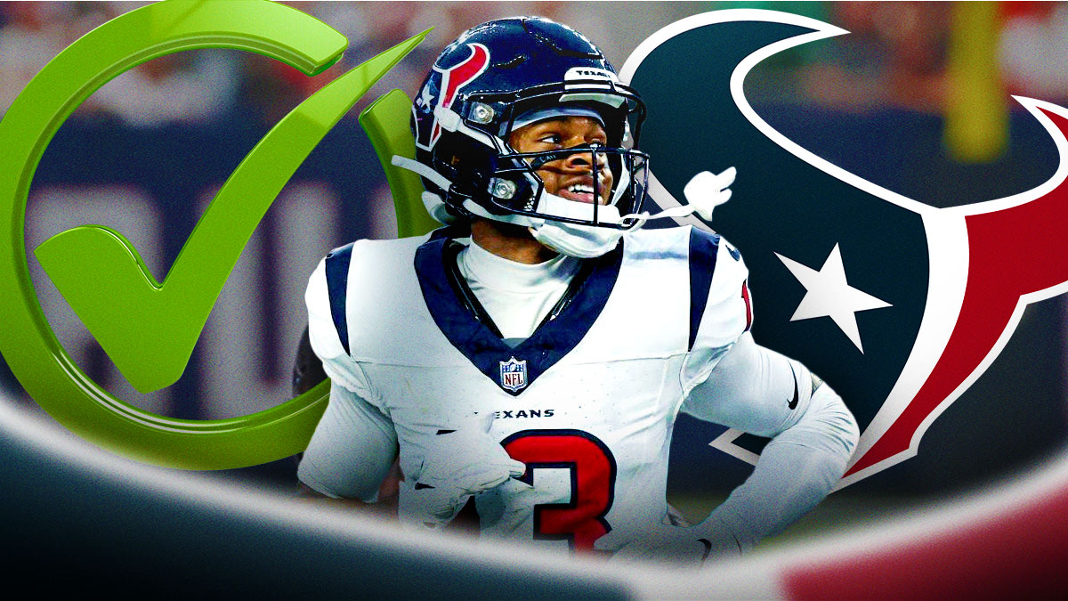 Texans' Tank Dell next to a big green check mark and a Texans logo