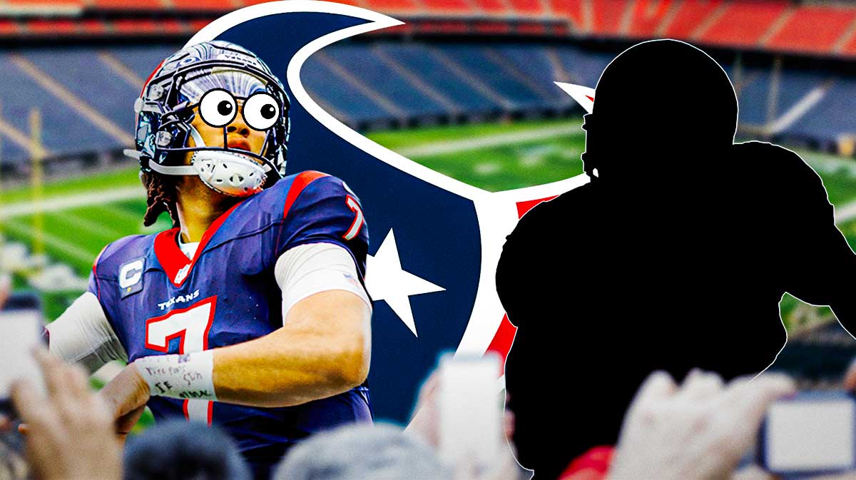 Texans CJ Stroud with emoji eyes looking at a silhouette