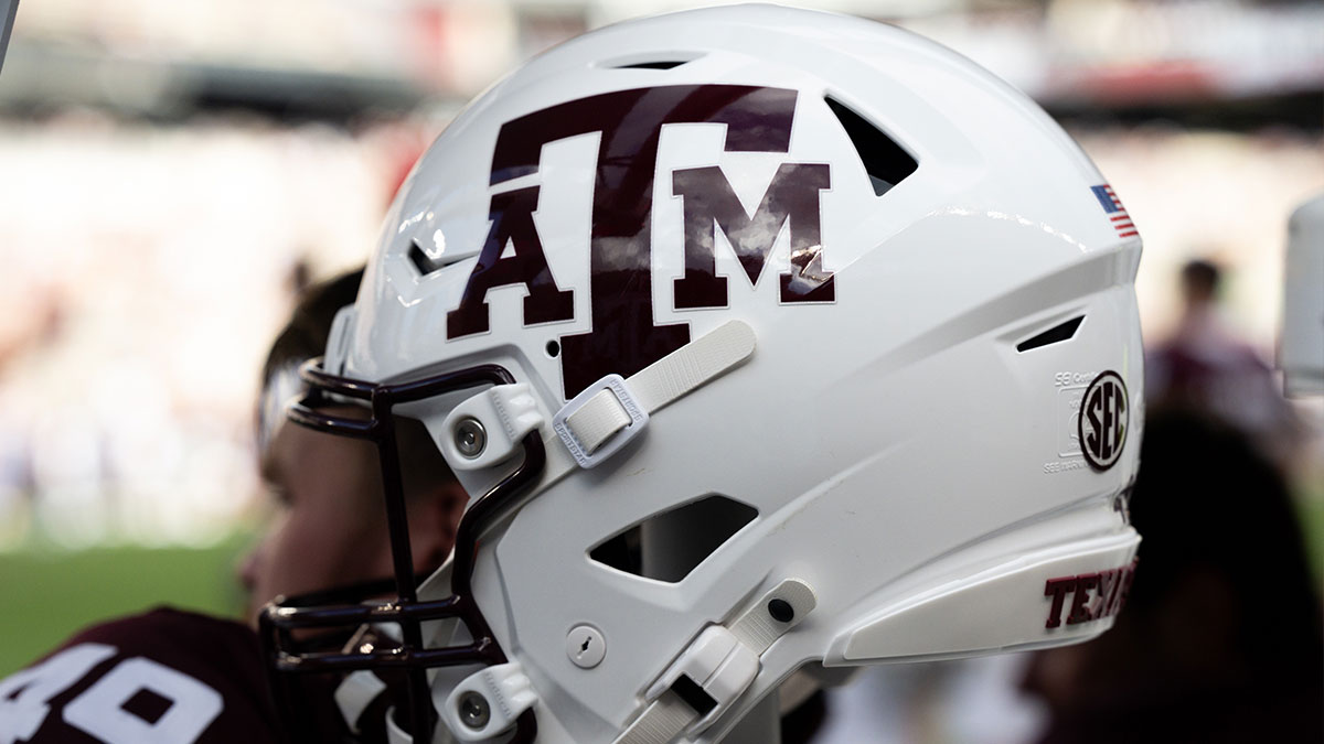 A detailed view of a Texas A&M Aggies helmet on the sideline prior to the game against the Notre Dame Fighting Irish at Kyle Field