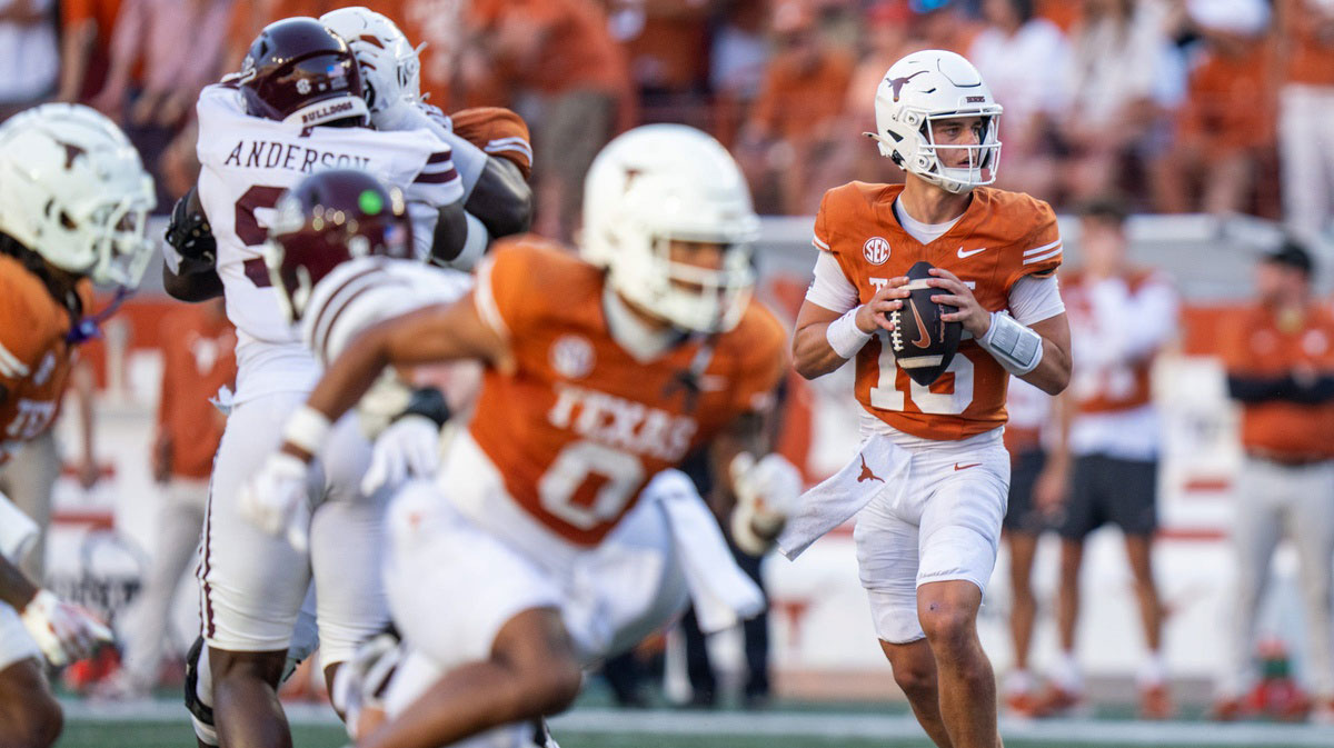 Texas Longhorns quarterback Arch Manning (16) looks to throw the ball as the Texas Longhorns take on Mississippi State at Darrell K Royal-Texas Memorial Stadium in Austin Saturday, Sept. 28, 2024.