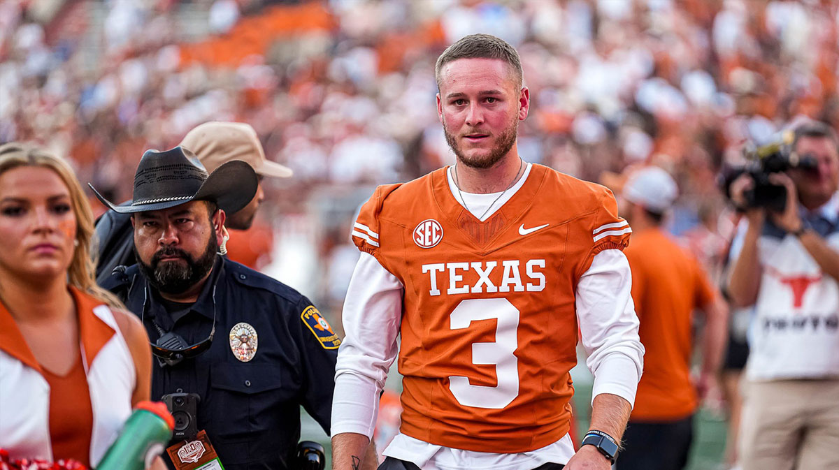 Texas Longhorns quarterback Quinn Ewers (3) leaves the field after the 35-13 win over Mississippi State at Darrell K Royal-Texas Memorial Stadium in Austin Saturday, Sept. 28, 2024.