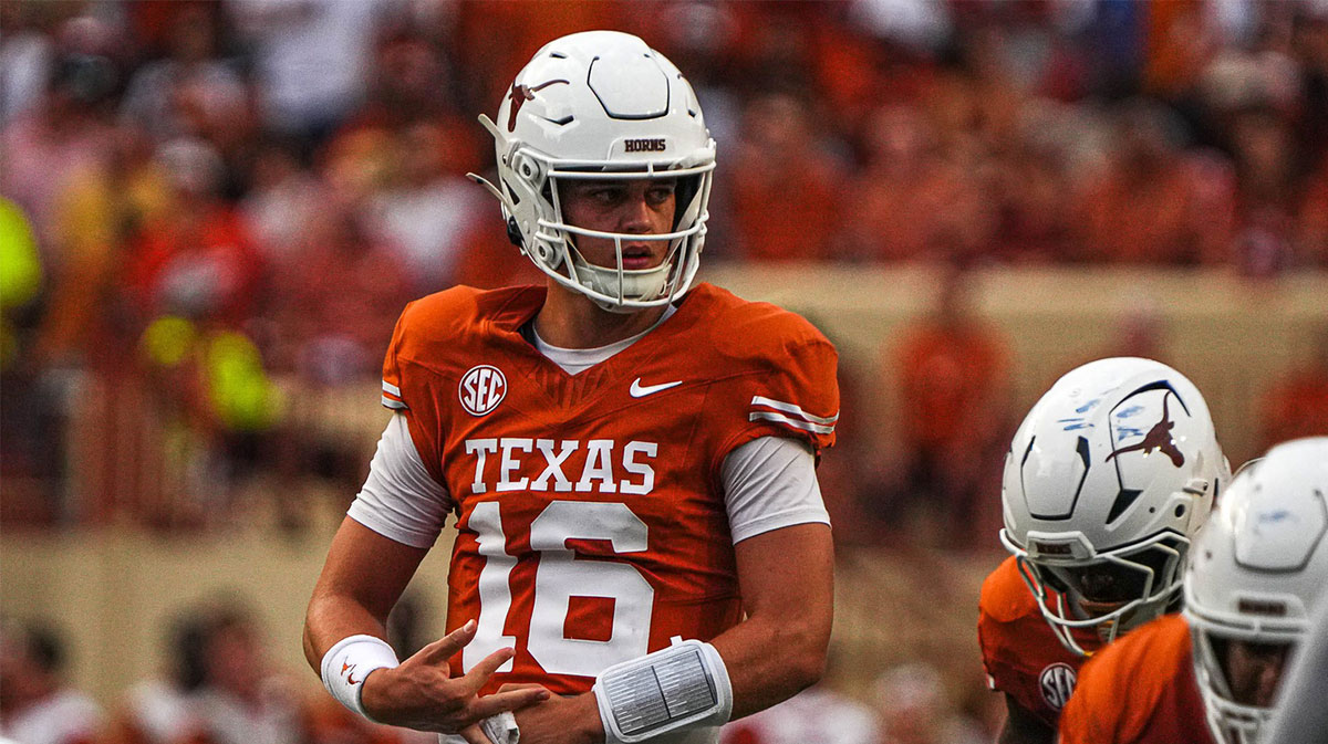 Texas Longhorns football quarterback Arch Manning (16) lines up for a snap during the game against UTSA at Darrell K Royal-Texas Memorial Stadium in Austin Saturday, Sept. 14, 2024.