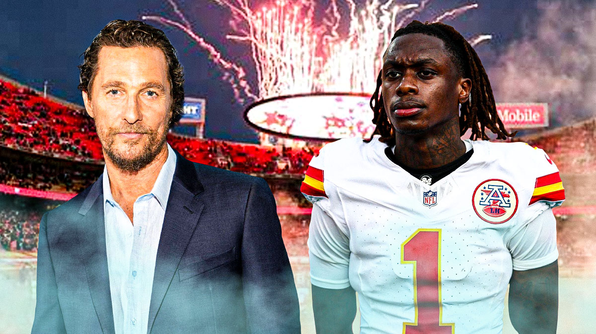 Texas fan Matthew McConaughey with Kansas City Chiefs receiver Xavier Worthy with GEHA Field at Arrowhead Stadium background.