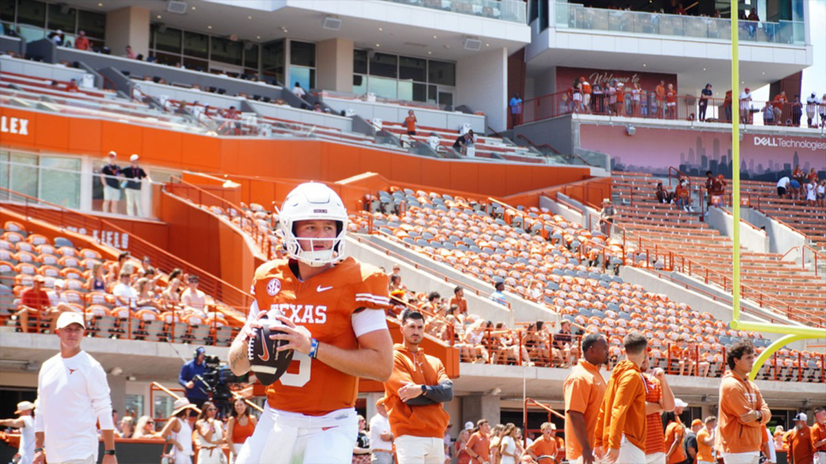 Texas Longhorns quarterback Quinn Ewers (3) warms up before a game against Colorado State at Darrell K Royal-Texas Memorial Stadium.