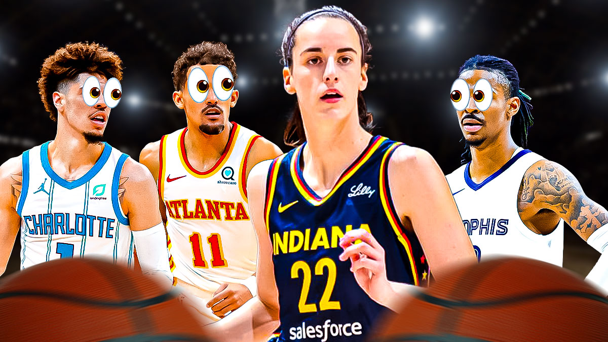Photo: Caitlin Clark in action in Fever jersey, LaMelo Ball, Ja Morant, Trae Young behind her with peeping eyes