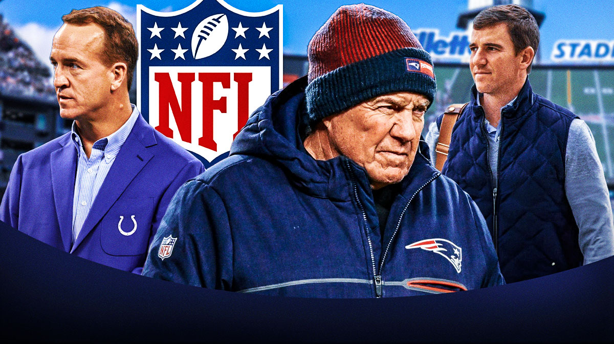 Former New England Patriots head coach Bill Belichick with Peyton Manning and Eli Manning. There is also a logo for the NFL.