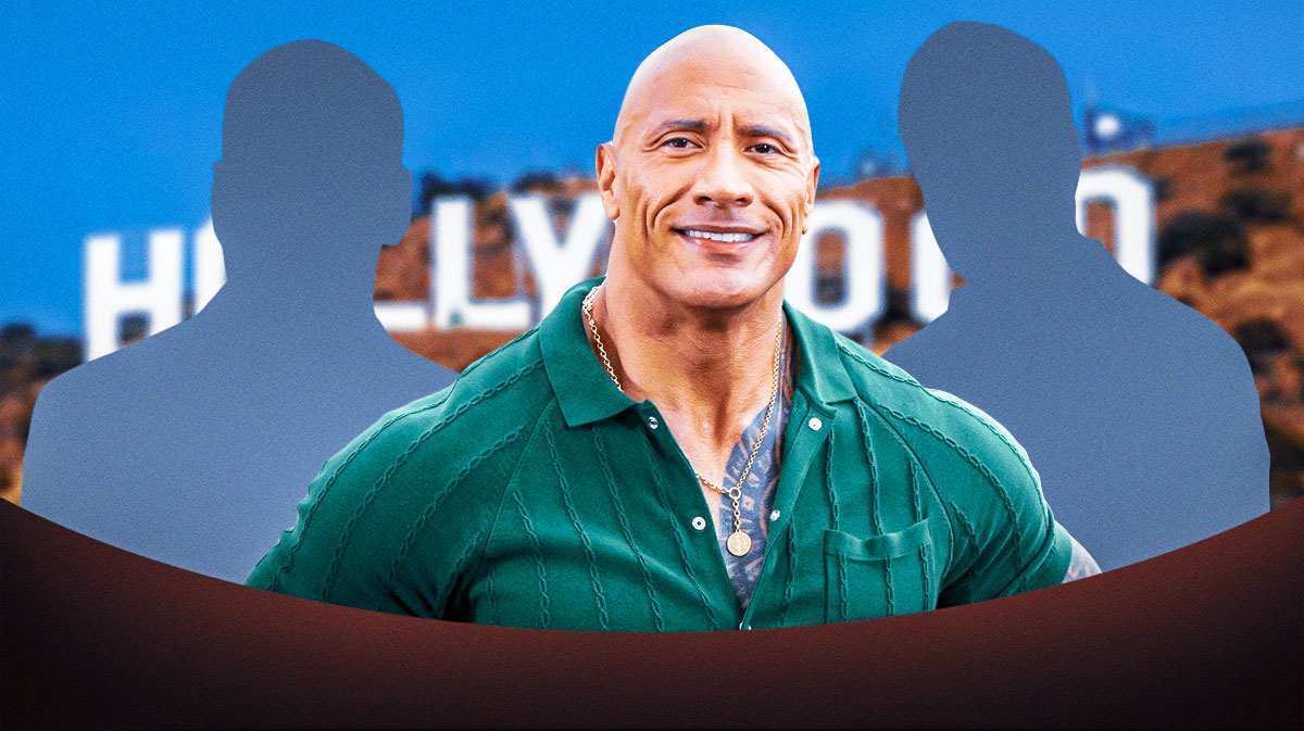 The Rock next to the blacked-out silhouettes of Bruce WIllis and Sylvester Stallone in front of the Hollywood sign.