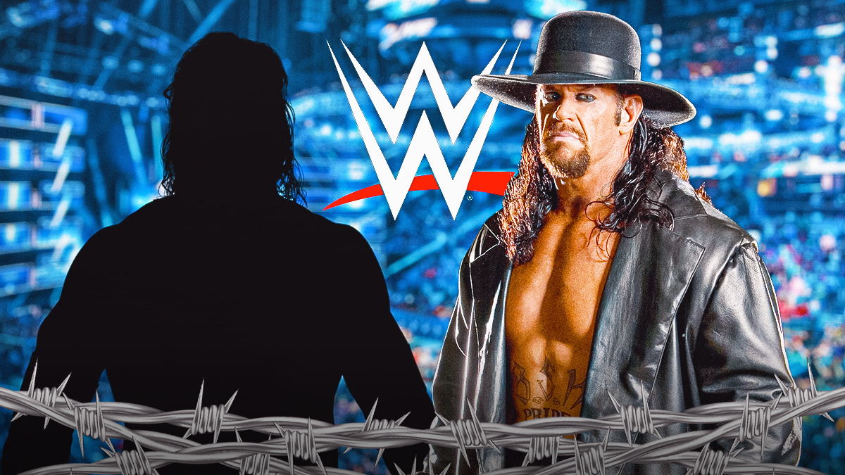 The Undertaker next to the blacked-out silhouette of Kane with the WWE logo as the background.