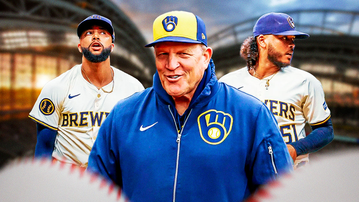Milwaukee Brewers manager Pat Murphy in the middle - pitchers Freddy Peralta and Devin Williams on either side