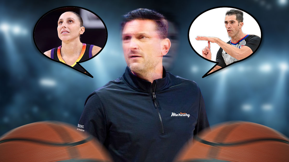 Mercury head coach Nate Tibbetts, shaking his head in frustration with two thought bubbles: One of a referee giving a technical foul and the other of a Phoenix player committing a turnover.