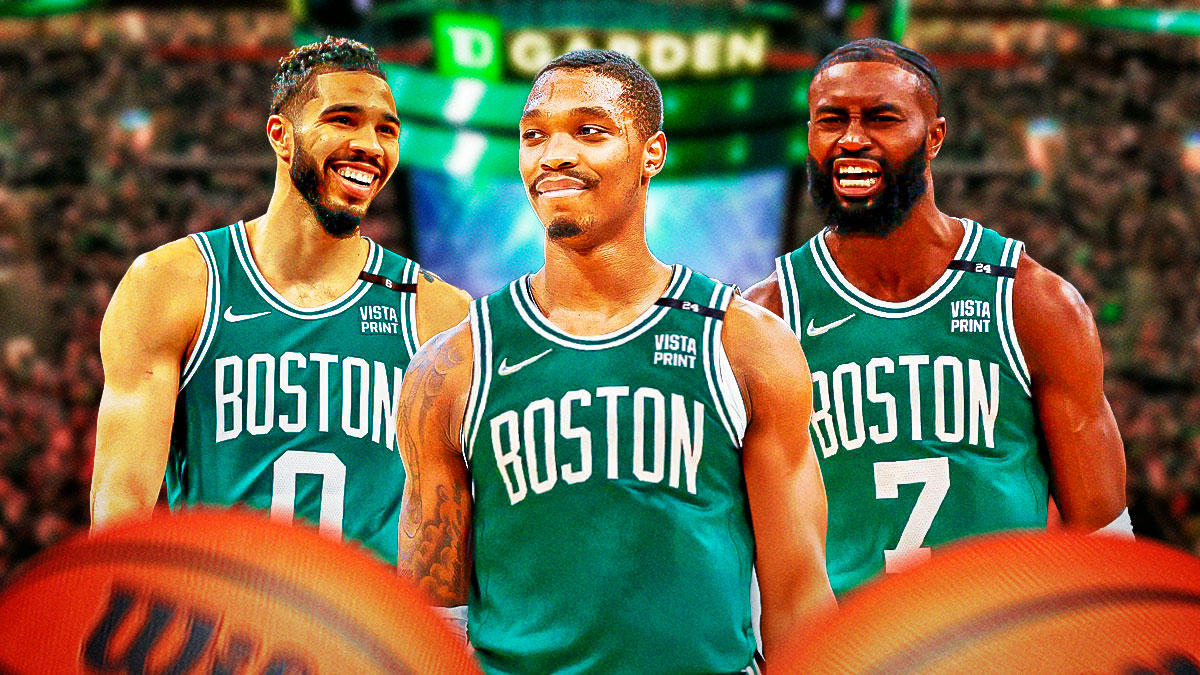 Celtics' Lonnie Walker IV next to Jayson Tatum, Jaylen Brown