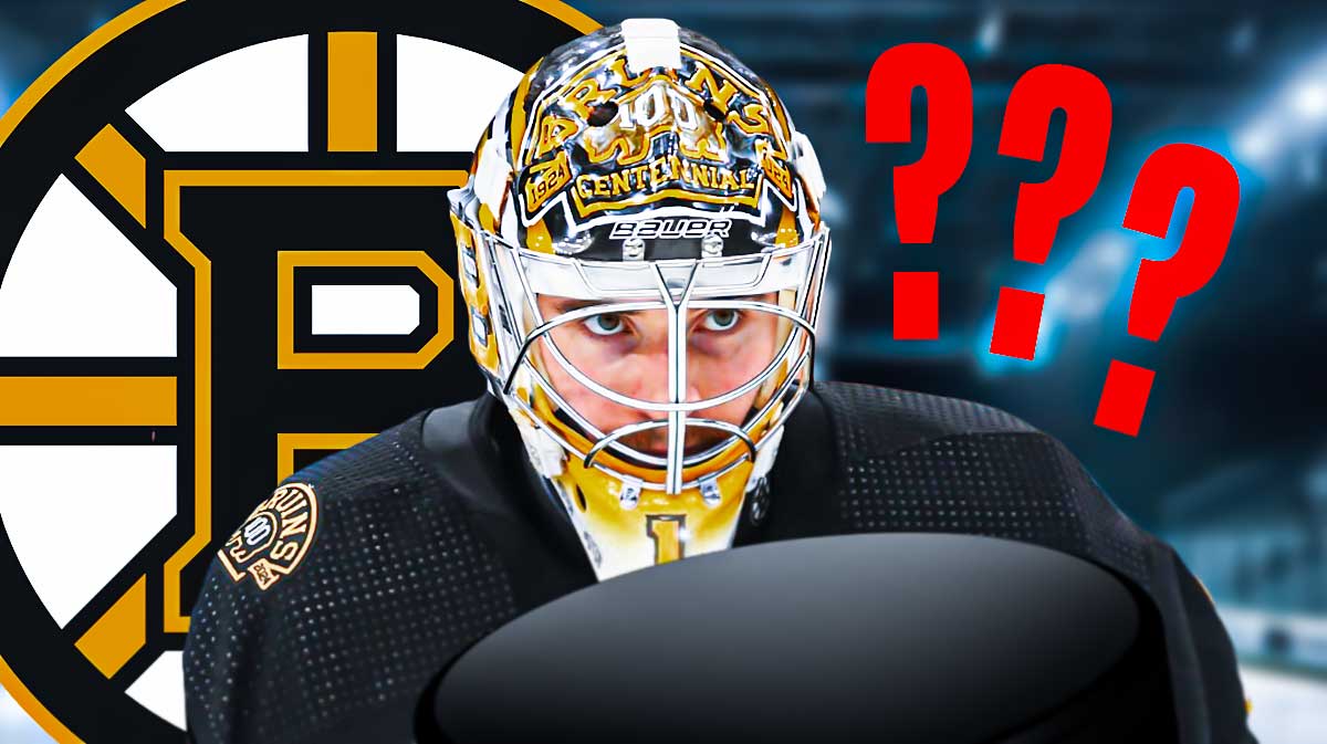 Jeremy Swayman in image looking stern, Boston Bruins logo, 3-5 question marks, hockey rink in background