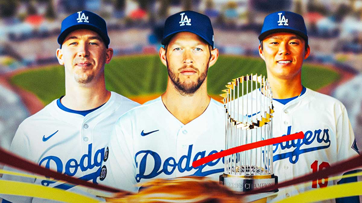 Dodgers pitchers Walker Buehler (left), Clayton Kershaw (middle), and Yoshinobu Yamamoto (right), all at Dodger Stadium next to the Commissioners Trophy with a red line over it