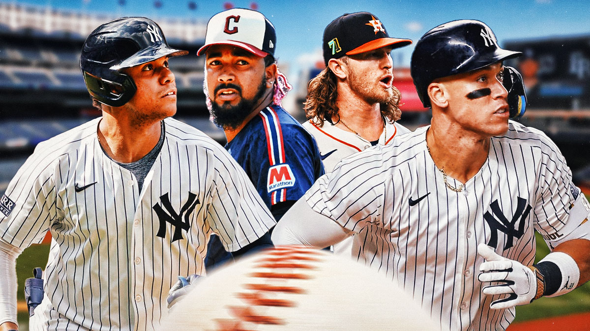 Yankees Aaron Judge, Yankees Juan Soto in front looking serious. Place Guardians Emmanuel Clase, Astros Josh Hader in background.