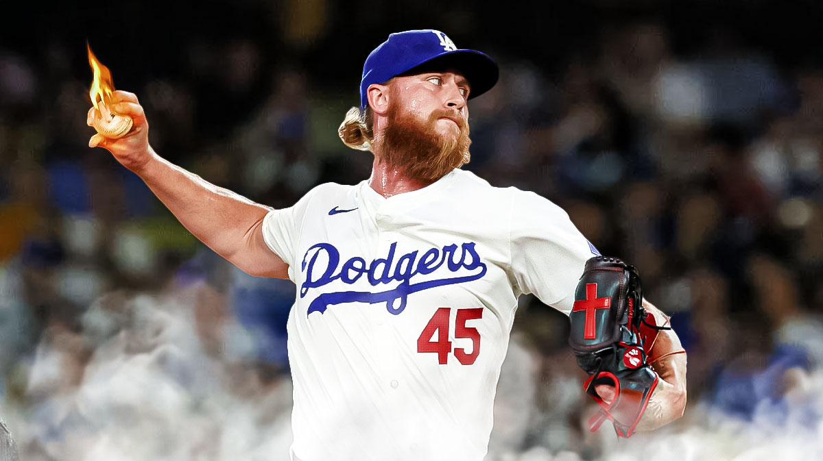 Michael Kopech (in Dodgers uniform) throwing pitch with flames coming off the ball, Dodger Stadium background