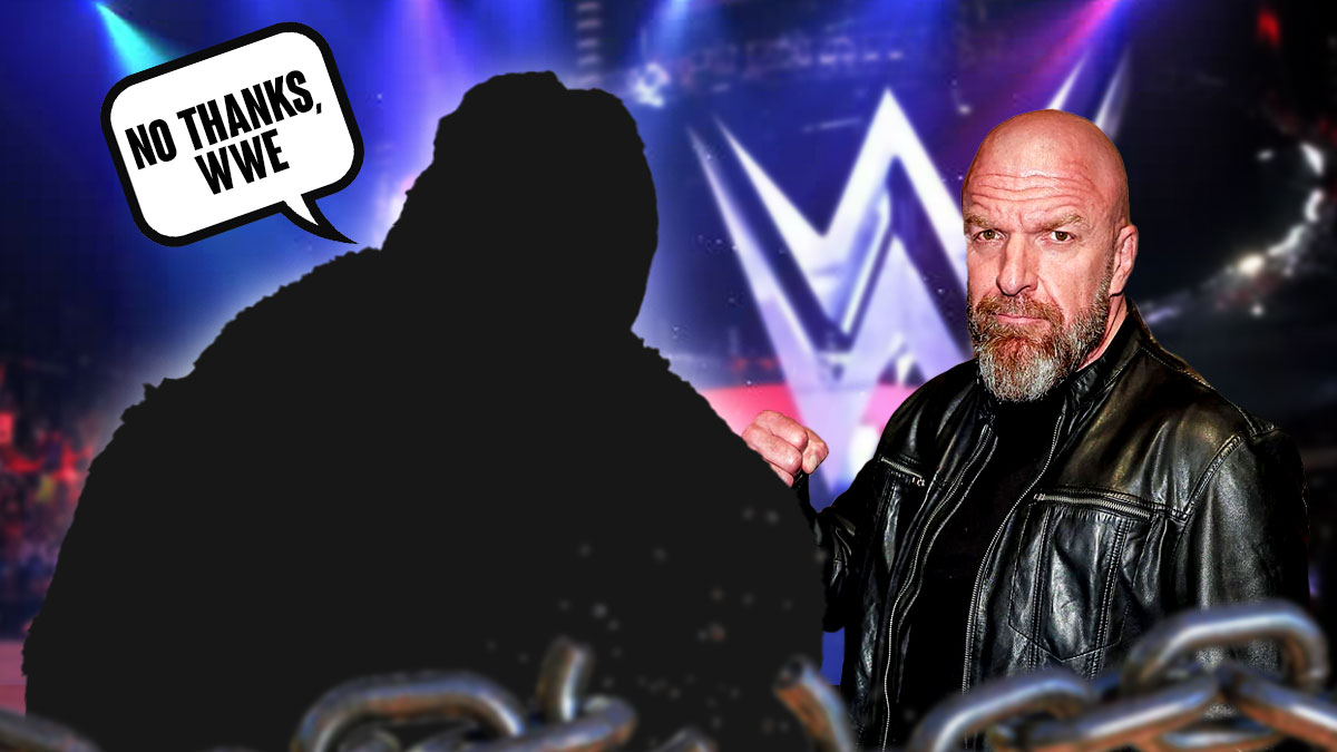 The blacked-out silhouette of Swerve Strickland with a text bubble reading "No thanks, WWE" next to Triple H with the WWE logo as the background.